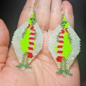 Handmade Beaded Christmas Grinch Earrings with Scarf